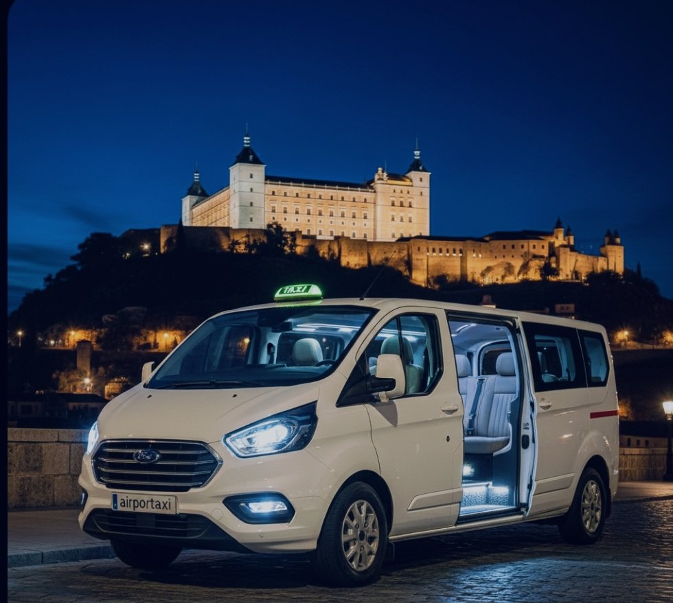 Taxi frente a castillo iluminado